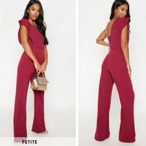 Burgundy Petite Drape One Shoulder Jumpsuit